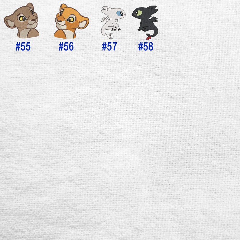 Puede incluir: Cuatro dise&ntilde;os de personajes de dibujos animados se muestran sobre un fondo blanco. Los dise&ntilde;os incluyen dos cachorros de le&oacute;n y dos dragones. Cada dise&ntilde;o tiene un n&uacute;mero debajo: #55, #56, #57 y #58. Los cachorros de le&oacute;n son marrones y naranjas. Los dragones son blancos y negros.