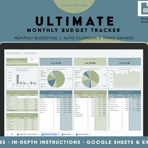 Op de afbeelding: Een computerscherm dat een maandelijkse budgettracker-spreadsheet weergeeft met grafieken en tabellen. De spreadsheet is verdeeld in secties voor inkomsten, uitgaven en besparingen. De spreadsheet heeft de titel "Ultimate Monthly Budget Tracker" en bevat de tekst "Monthly Budgeting | Auto-Calendar | Track Savings". De spreadsheet is compatibel met Google Sheets en MS Excel.