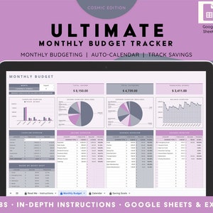 EXCEL & GOOGLE Ultimate Monthly Budget Tracker | Savings, Calendar, Budget Template, Financial Planner, FREE Guide Link | Cosmic Edition