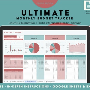 Monthly Budgeting Spreadsheet | EXCEL & GOOGLE Sheets, Track Income and Expenses, Calendar, Saving Goals, FREE Guide | Tropic Edition