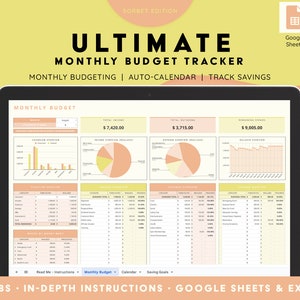 Ultimate Monthly Budget Tracker | EXCEL & GOOGLE sheets, Savings Tracker, Calendar, Financial Planner, FREE access to guide | Sorbet Edition