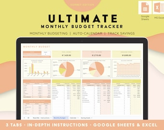 Ultimate Monthly Budget Tracker | EXCEL & GOOGLE sheets, Savings Tracker, Calendar, Financial Planner, FREE access to guide | Sorbet Edition