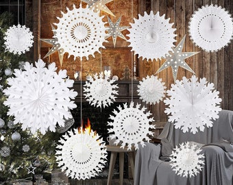 Snowflake Hanging Decor - White Paper Snowflakes for Frozen Birthday Party, Winter Wonderland, & Christmas Tissue Paper Fan - Assorted Sizes