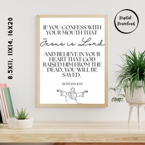 Romans 10:9 Scripture Wall Art Printable | Christian Bible Verse Digital Download | 8.5x11, 11x14, 16x20 JPG | Faith Home Decor | Romans