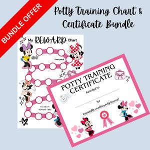 Puede incluir: Un conjunto de materiales para el entrenamiento para ir al baño con Minnie Mouse. Incluye un cuadro de recompensas con círculos y un certificado. El texto dice "Potty Training Chart & Certificate Bundle."
