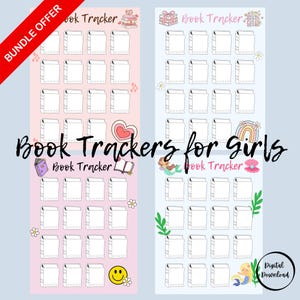 Może przedstawiać: Dwa kolorowe trackery książek z różowym i niebieskim tłem. Każdy tracker ma siatkę pustych konturów książek. Tekst "Book Trackers for girls" jest napisany kursywą. Elementy dekoracyjne obejmują serca, syreny i tęcze.