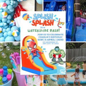Puede incluir: Una colorida invitación para una fiesta acuática, con el texto "SPLISH SPLASH" y detalles del cumpleaños de Charlie el 5 de abril de 2030. El diseño incluye ilustraciones de Spider-Man y Hulk en un tobogán acuático.