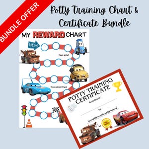 Può includere: Un pacchetto di grafici e certificati per l'addestramento all'uso del vasino con auto dei cartoni animati. Il grafico delle ricompense ha un percorso con illustrazioni di auto e il testo "My Reward Chart". Il certificato recita "Potty Training Certificate" e include spazio per un nome.