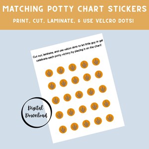 May include: A sheet of potty chart stickers with orange paw prints on a white background. The text "MATCHING POTTY CHART STICKERS" is at the top, with instructions to print, cut, laminate, and use Velcro dots. A "Digital Download" graphic is in the lower left.
