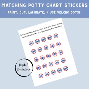 以下が含まれることがあります： 青と赤のクモのデザインが施された、お揃いのトイレトレーニングチャートステッカーのシートです。上部のテキストは「MATCHING POTTY CHART STICKERS」と書かれています。印刷、カット、ラミネート、ベルクロドットの使用方法。デジタルダウンロード。