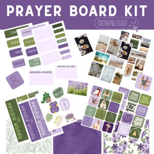 May include: A prayer board kit with various elements, including stickers, cards, and decorative images. The kit features a purple and green color scheme, with text such as "Prayer Board Kit" and "Download". The kit includes images of flowers, Jesus, and inspirational quotes.
