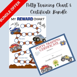 Puede incluir: Un paquete que incluye un gráfico de entrenamiento para ir al baño y un certificado. El gráfico presenta ilustraciones de monster trucks y el texto "My Reward Chart". El certificado dice "Potty Training Certificate".