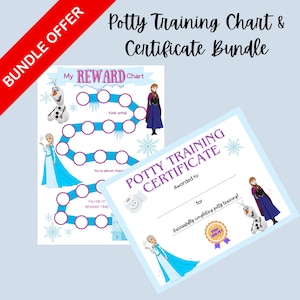 May include: A potty training bundle featuring a reward chart and a certificate. The chart has a path with circles and cartoon character illustrations. The certificate includes space for a name and a completion message.