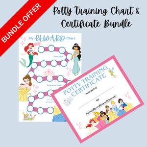 May include: A bundle offer featuring a potty training chart and certificate. The chart has a pink path with princess illustrations. The certificate, with a pink border, is for successfully completing potty training.