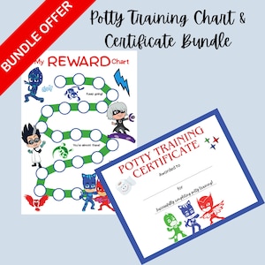 May include: A bundle of potty training charts and certificates. The reward chart features cartoon characters and a path with circles. The certificate has a blue border and space for a name.