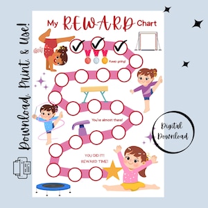 May include: A digital reward chart with a pink path and illustrations of gymnasts performing various activities. The chart includes the text "My REWARD Chart", "Download. Print. & Use!", and "Digital Download".