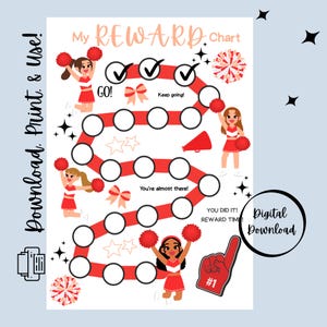 May include: A digital reward chart featuring a red path with circles, cheerleaders, and text. The chart includes the words "My REWARD Chart", "GO!", "Keep going!", "You're almost there!", and "YOU DID IT! REWARD TIME!" with a "Digital Download" label.