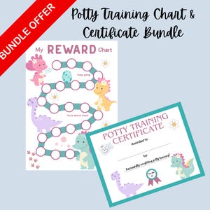 May include: A bundle of potty training aids, including a reward chart and a certificate. The reward chart features a path with dinosaur illustrations and the text "My REWARD Chart". The certificate reads "Potty Training Certificate".