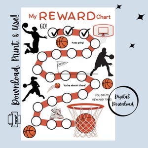 May include: A basketball-themed reward chart with a red path and basketball illustrations. The chart includes the text "My REWARD Chart" and "Digital Download". Silhouettes of basketball players and a basketball hoop are also featured.