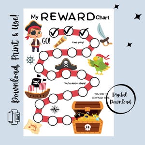 May include: A pirate-themed reward chart with the text "My REWARD Chart". The design includes a pirate, treasure chest, parrot, and other pirate illustrations. The words "Download. Print. & Use!" and "Digital Download" are also visible.