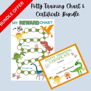 May include: A bundle of potty training charts and certificates. The reward chart features a path with dinosaur illustrations and the text "My Reward Chart". The certificate reads "Potty Training Certificate".