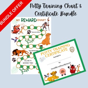 Peut inclure: Un ensemble d'outils d'apprentissage de la propreté avec des personnages du Roi Lion. Comprend un tableau de récompenses avec un motif de vigne verte et un certificat avec une bordure verte. Le texte indique "Potty Training Chart & Certificate Bundle."