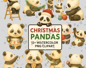 Christmas Panda PNG Clipart | 12 Watercolor Xmas Pandas | Cute Christmas Animals | Winter PNG Bundle | 300 DPI | Instant Download