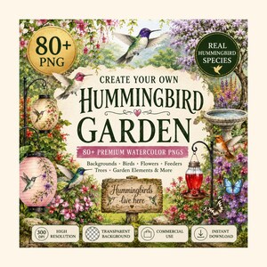 Op de afbeelding: Een digitale collectie van 80+ aquarel PNG-afbeeldingen met kolibries, tuinelementen, bloemen en voederbakken. De afbeelding bevat de tekst Create Your Own Hummingbird Garden, 80+ PNG, Real Hummingbird Species en Hummingbirds live here.