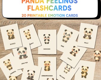 Puede incluir: Un conjunto de tarjetas didácticas de emociones imprimibles con ilustraciones de pandas. Cada tarjeta muestra una emoción diferente, como "Aburrido", "Feliz", "Sorprendido" y "Triste". Las tarjetas están dispuestas sobre una superficie de madera, con el título "PANDA FEELINGS FLASHCARDS".