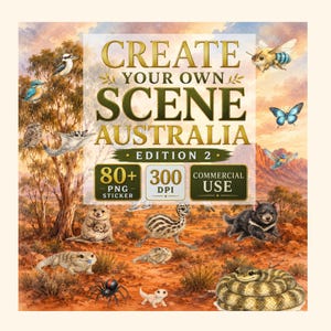 Puede incluir: Un conjunto gráfico digital titulado CREATE YOUR OWN SCENE AUSTRALIA EDITION 2 que incluye más de 80 pegatinas PNG a 300 DPI para uso comercial. La ilustración muestra varios animales salvajes australianos como un koala, emú, demonio de Tasmania.