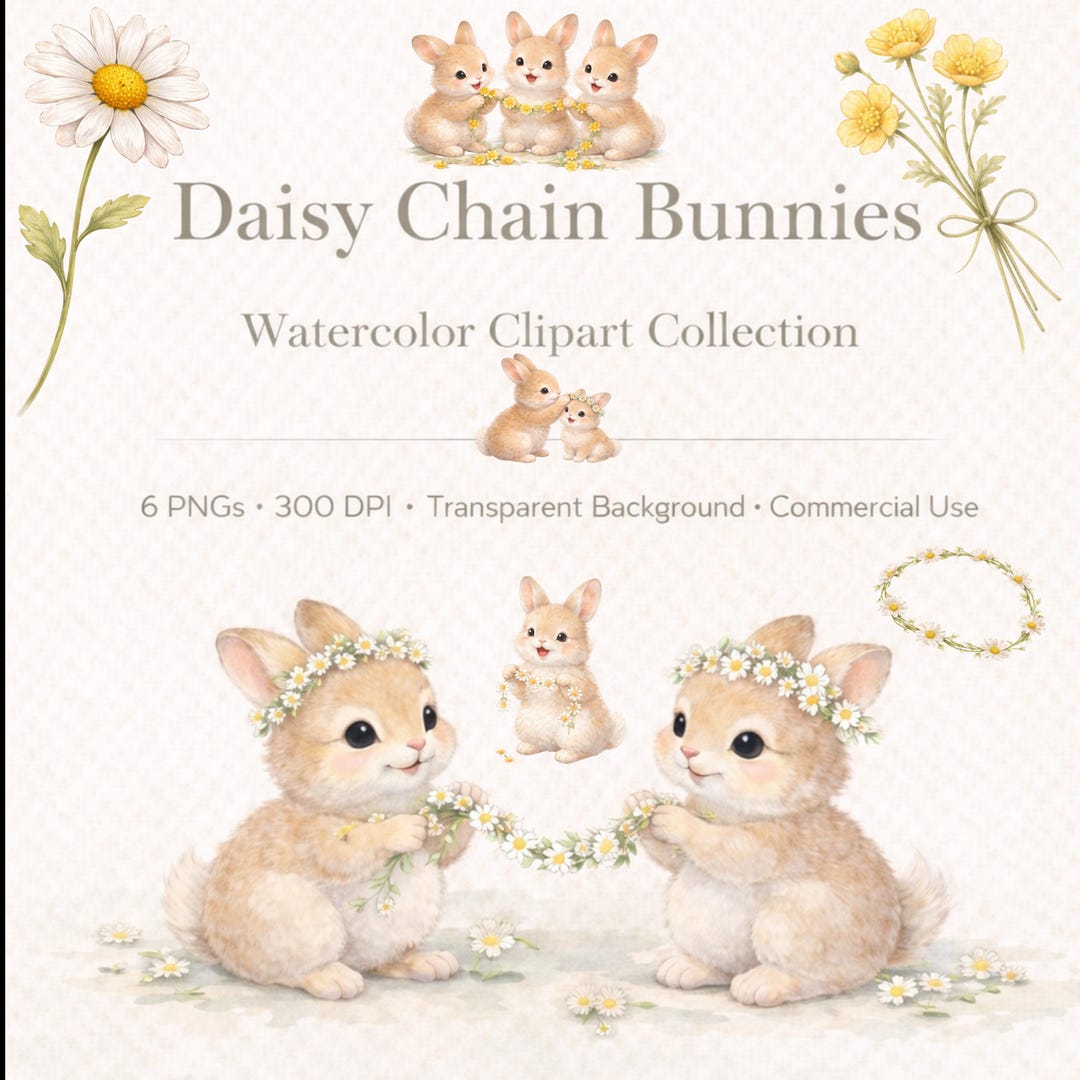 Daisy Chain Bunnies Clipart, Spring Bunny PNG Bundle, Cottagecore ...