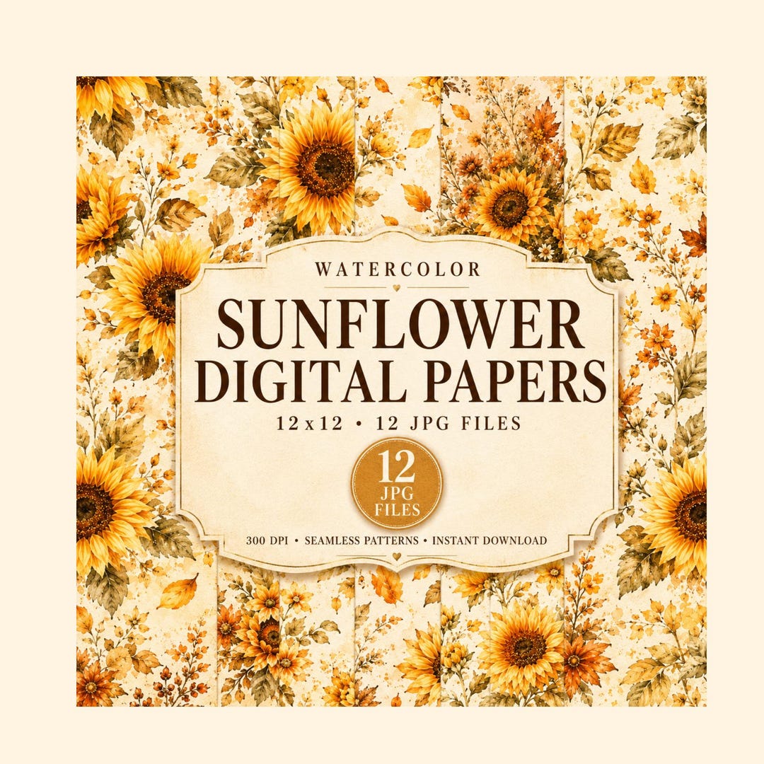 Sunflower Digital Paper Pack | 12x12 Seamless Floral Patterns | Rustic ...