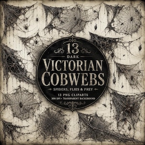 May include: A collection of 13 dark Victorian cobwebs featuring intricate spider web patterns, spiders, flies, and prey. The central circular emblem displays the text 13 DARK VICTORIAN COBWEBS SPIDERS, FLIES & PREY 13 PNG CLIPARTS 300 DPI TRANSPARENT BACKGROUND.