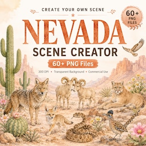 Op de afbeelding: Een digitale kunstscène-maker getiteld "Nevada Scene Creator" met woestijndieren en -planten. De afbeelding bevat een coyote, een vos, dikhoornschaap, een poema, een slang en een renvogel. De tekst luidt "Create Your Own Scene" en "60+ PNG Files."