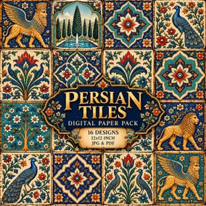 May include: A digital paper pack featuring 16 Persian tile designs with intricate patterns of winged lions, peacocks, floral motifs, and garden scenes. The central label reads PERSIAN TILES DIGITAL PAPER PACK 16 DESIGNS 12x12 INCH JPG & PDF.