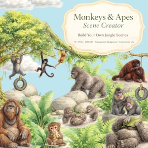 Könnte beinhalten: Digitale Illustration mit verschiedenen Affen und Menschenaffen in einer Dschungel-Szene. Die Szene zeigt einen Gorilla, Orang-Utan, Mandrills und kleinere Affen, mit einer Reifenschaukel und üppigem Laub. Text: "Monkeys & Apes Scene Creator".