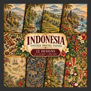 Könnte beinhalten: Eine Sammlung von 12 digitalen Papieren mit indonesischen Motiven, darunter tropische Landschaften, Tempel, Wildtiere wie Tiger und Orang-Utans, Karten und botanische Illustrationen. Das zentrale Etikett lautet INDONESIA VINTAGE DIGITAL PAPERS 12 DESIGNS.