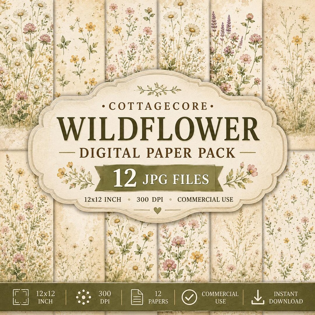 Cottagecore Wildflower Digital Paper Pack | 12 JPG Papers + 12 PNG ...