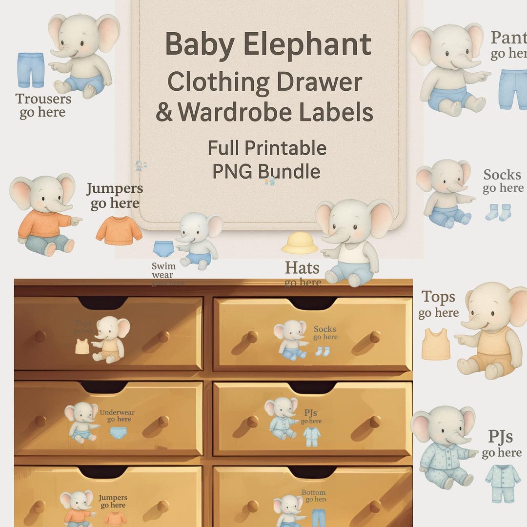 Baby Elephant Drawer Labels • Wardrobe Clothing Stickers • Nursery ...