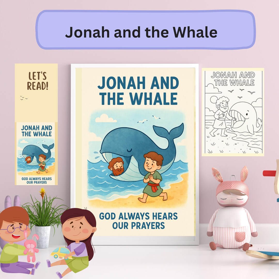 Jonah and the Whale Printable Set: Sunday School Poster, Coloring Page ...