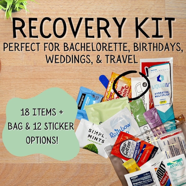 Hangover Recovery Kit, Travel Kit, Travel Agent Gift, Bachelorette Kits, Girls Trip Favors, Custom Sticker