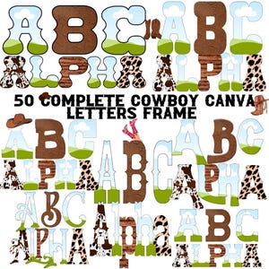 Paquete de marcos con letras de Canva del oeste, 50 plantillas de Canva con alfabeto completo, juego de alfabeto completo adicional, letras de Canva fáciles de arrastrar y soltar