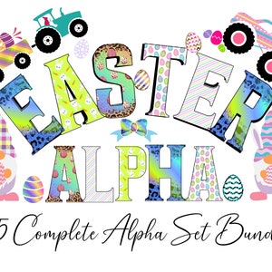 Easter varsity Alphabet Letters PNG, Easter Eggs, Easter Bunny png, Doodle Alpha Set bundle sublimation Designs, Easter Letters Clipart,