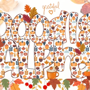 Doodle Letters Alphabet PNG bundle, conjunto alfa de sublimação de ação de graças, outono desenhado à mão Doodle FONT ART, faça suas próprias letras de nome