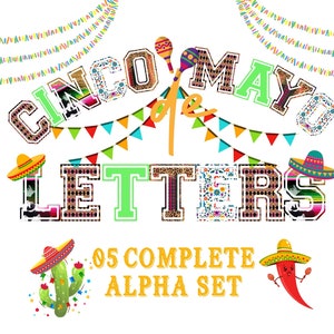 Fiesta Doodle Alphabet Bundle, 05 completo Cinco de Mayo png Alpha set Bundle, pacote mexicano png alfabeto, letras Fiesta Uso Comercial