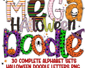 Halloween doodle letters png bundle,mega spooky alphabet doodle letters bundle, over 30 complete alpha letters png with  commercial use