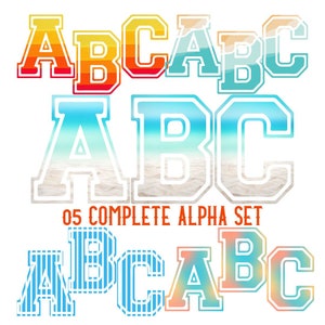 Paquete png de letras del equipo universitario de verano, paquete completo de sublimación png de 05 letras alfa de verano con uso comercial