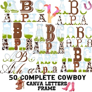 Paquete de marcos con letras de Canva del oeste, 50 plantillas de Canva con alfabeto completo, juego de alfabeto completo adicional, letras de Canva fáciles de arrastrar y soltar