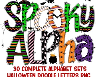 Halloween doodle letters png bundle,mega spooky alphabet doodle letters bundle, over 30 complete alpha letters png with  commercial use