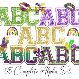 Sparkling Mardi Gras Glitter doodle Letters PNG Bundle Sublimación varsity Alpha Set Designs PNG+ Bonus mardi gras PNG!